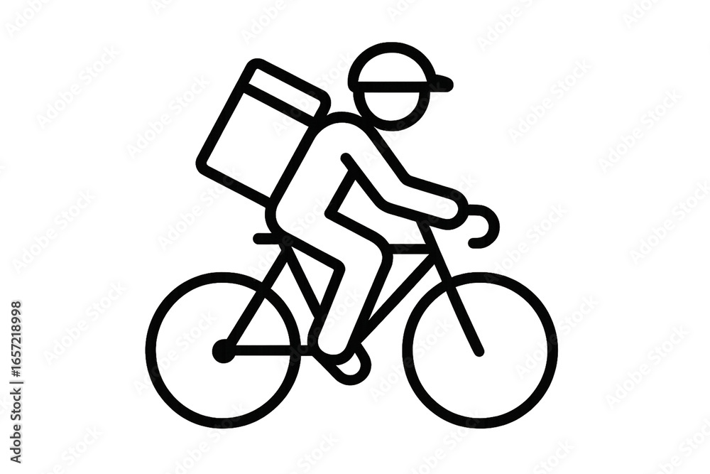 Naklejka premium A simple black and white line drawing of a delivery cyclist with a box on their back riding a bike on transparent background