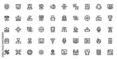 Streaming Sports icon set. Gaming and live streaming vector icons. Includes symbols for game controller, trophy, crown, multiplayer, VR, live streaming, viewers, microphone and more.