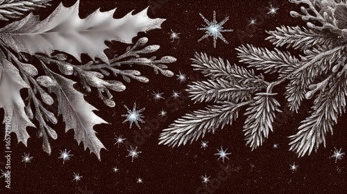 Ink Winter Foliage Border with Stars and Icicles