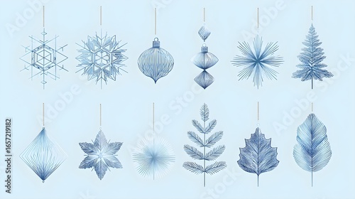 Minimalist Blue Geometric Snowflakes and Modern Ornaments