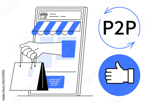 Mobile screen displaying a digital storefront, hand holding shopping bags, P2P icon, and thumbs-up symbol. Ideal for e-commerce, retail, mobile shopping, P2P payment, secure exchange customer