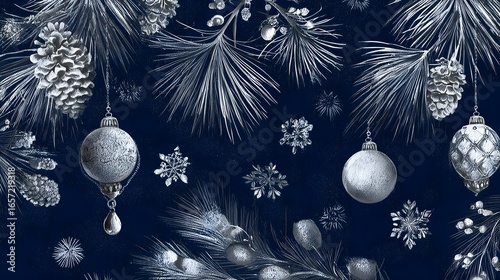 Retro Ink Pine Needles with Antique Glass Ornaments