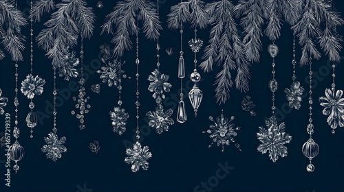 Navy and Silver Vintage Pine Needle Ornaments