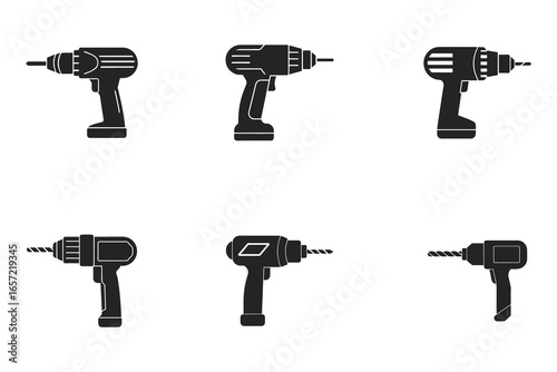 Collection of Drill Silhouettes for Construction and Home Improvement Projects Featuring Various Designs and Styles in Black and White Graphics