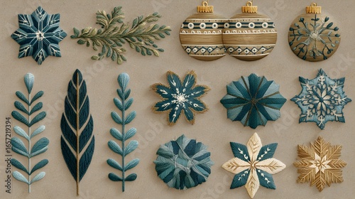 Rustic folk-art embroidered ornaments and birch branches