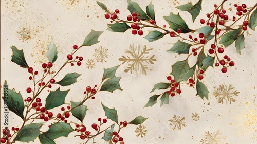 Vintage Holly Branches with Gold Snowflakes Watercolor