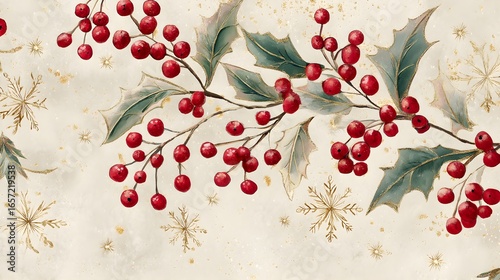 Vintage Watercolor Holly Branches with Gold Snowflakes