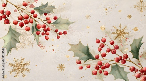 Vintage Watercolor Holly Branches with Gold Snowflakes