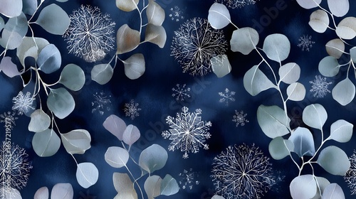 Indigo Watercolor Winter Eucalyptus Pattern