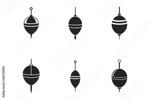 Collection of Fishing Floats or Bobbers in Silhouette Style Isolated on White Background Vector Illustration Perfect for Angling Designs