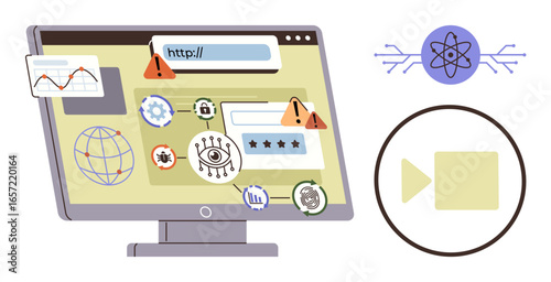 Computer screen featuring alerts, data graphs, globe, lock, eye, and warning indicators. Ideal for cybersecurity, privacy surveillance online risk technology analytics safety. Simple flat