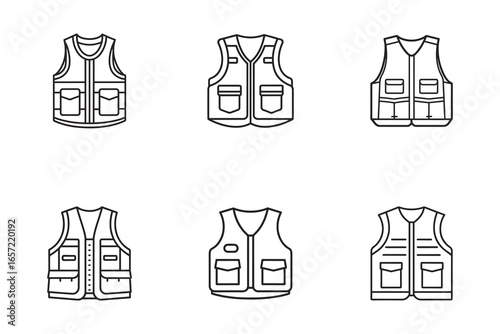 Collection of Fishing Vest Vector Icons for Outdoors and Angling Activities Line Art Style and Clothing Options