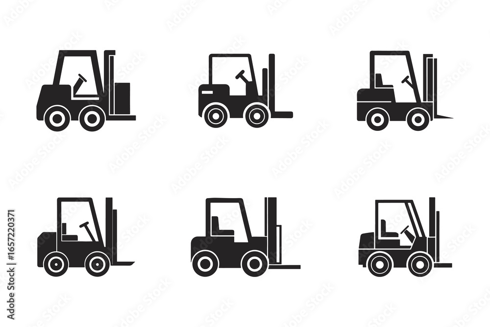 Naklejka premium Collection of Forklift Icons Representing Material Handling Equipment in Black Silhouette on White Background Vector Illustration