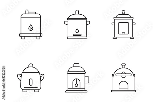 Collection of minimal outline style illustrations for industrial kitchen appliances and equipment for food processing featuring stoves and pressure cookers