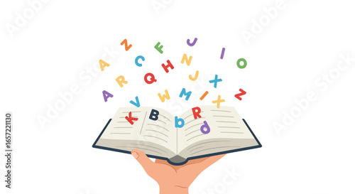 Open Book with Alphabet Letters Floating Outward, Concept of Knowledge and Learning