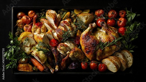 Roasted chicken and vegetables in a decorative serving dish.