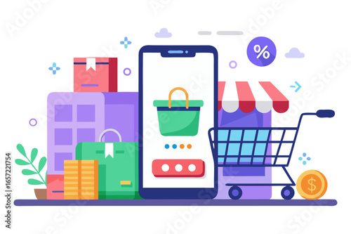 An illustration of mobile commerce, with a shopping cart and a large smartphone displaying a basket icon. The scene includes a storefront, packages, and stacks of coins.