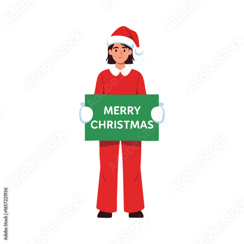 A person in a Santa hat and red suit holding a green "Merry Christmas" sign, celebrating the holiday season.