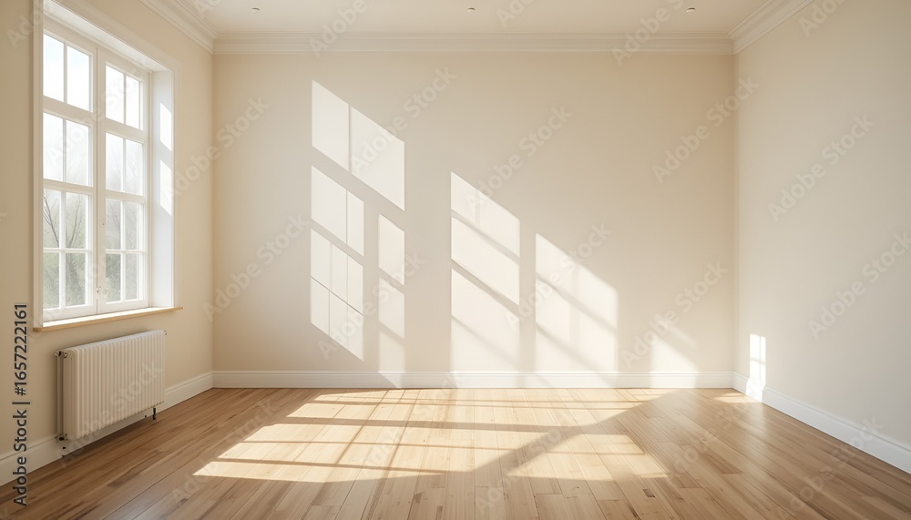 Fototapeta premium Sunlight streams into a pristine empty room, creating a serene and luminous atmosphere