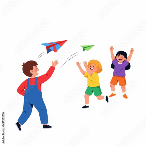 Three Cheerful Children Playing with Paper Airplanes, Raising Arms in Joy