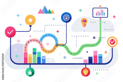 An illustration of a colorful, winding road with various icons, checkpoints, and data points, symbolizing a complex journey or a business process flowchart. It depicts planning, progress, and problem-