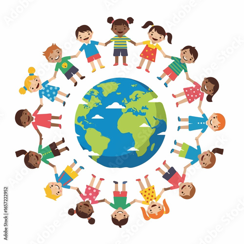 Smiling multi-ethnic children in colorful clothes holding hands in a circle around a cartoon globe.