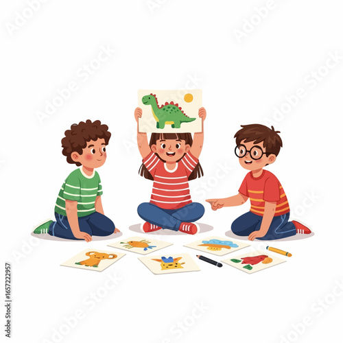 Three happy cartoon children sitting on the floor, drawing and showing their colorful animal pictures.