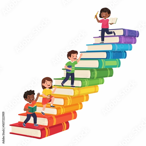 Cheerful multiethnic students ascending a vibrant staircase of stacked educational books.