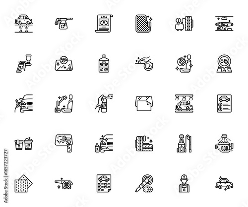 Car Wash icon set. Vector illustration. Includes symbols for undercarriage, foam gun, air pump, interior cleaning, vacuum, tire, pressure washer, and more. Editable stroke.