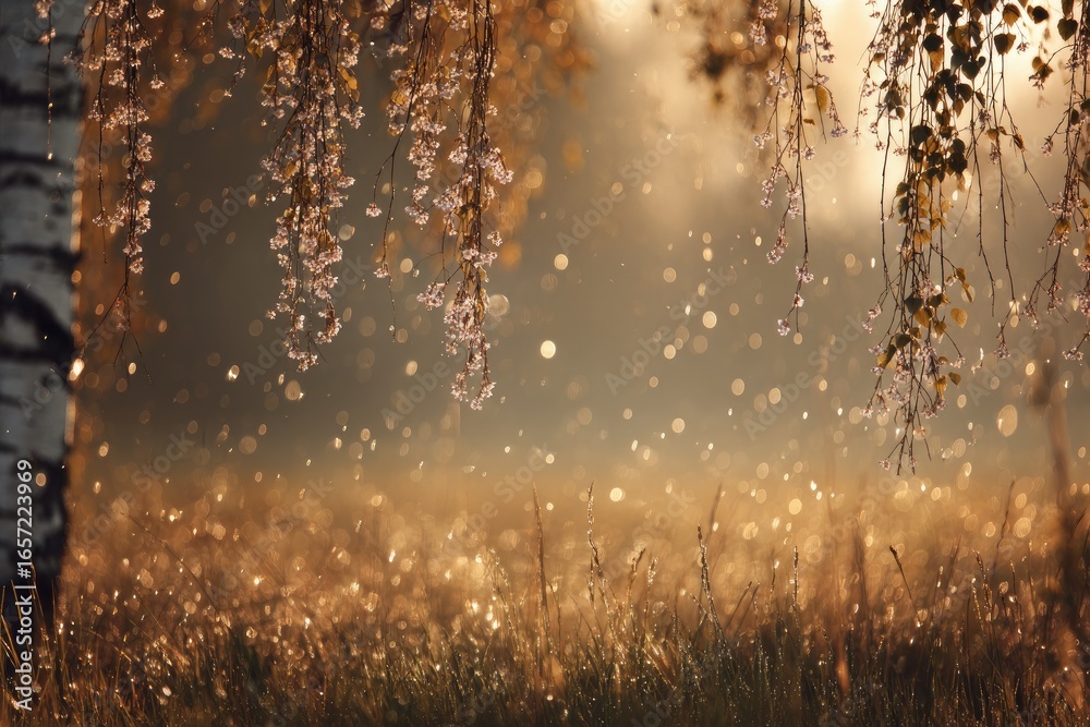 Obraz premium Misty sunrise illuminating dew-kissed meadow & birch branches
