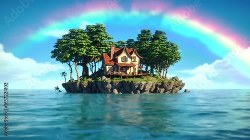 Cartoon island home with rainbow