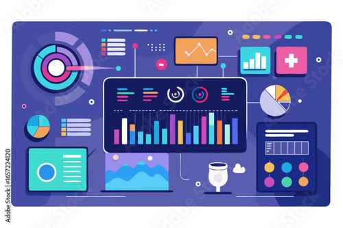 An illustration of a comprehensive digital dashboard filled with various charts, graphs, and data visualizations. It represents data analysis, business intelligence, and financial reporting.