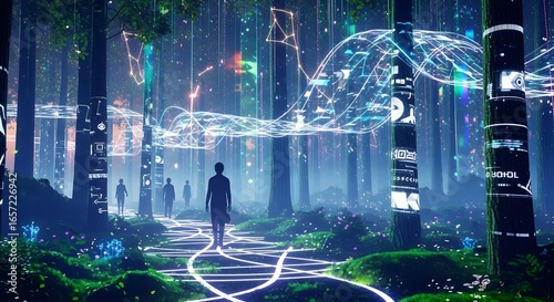 Person walks through a mystical digital forest path, glowing trees, data streams overhead.