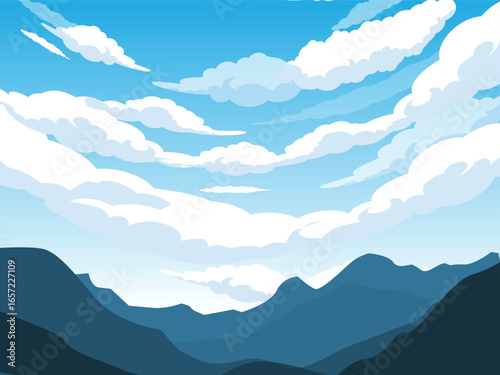 blue cloudy sky illustration for background with green land