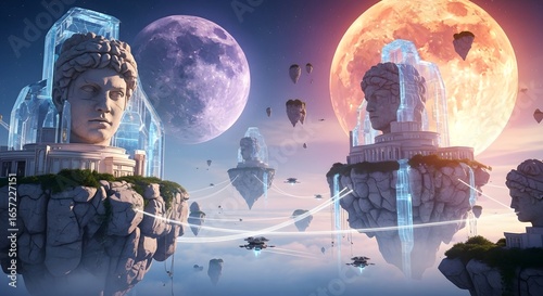 Surreal fantasy landscape featuring floating islands with classical statues and celestial bodies.
