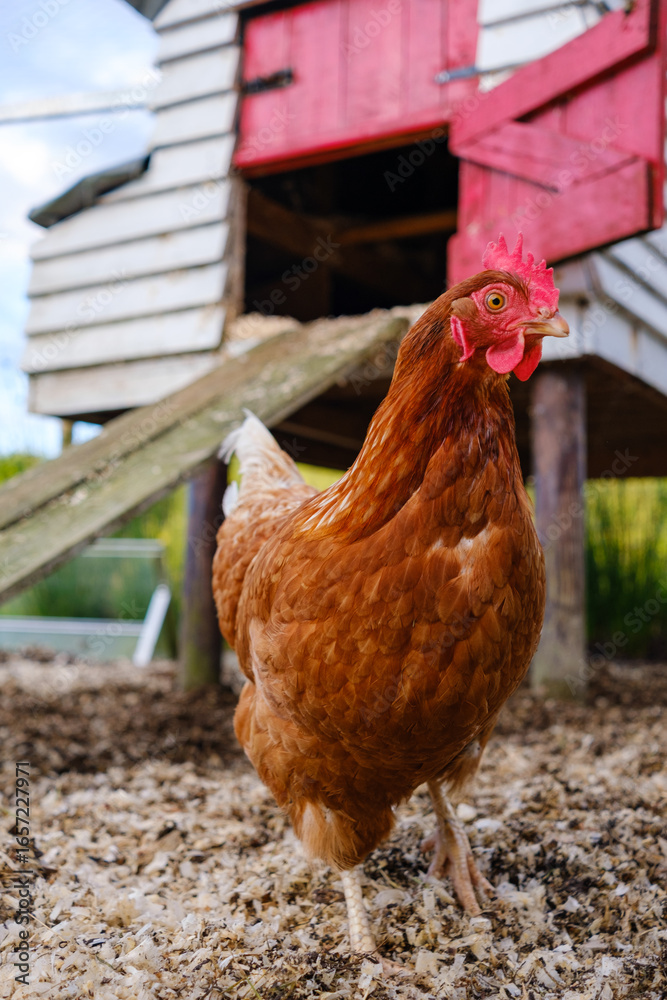 Fototapeta premium Brown hen foraging in rural chicken coop environment during daylight hours, creating a serene atmosphere of farm life