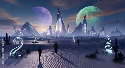 Silhouetted figures walk towards futuristic pyramids and glowing cacti under alien moons in a surreal desert landscape.