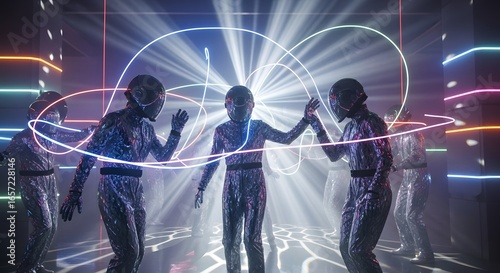 Futuristic dancers in illuminated suits interact, glowing lines trace their movements in a dark, technological space.