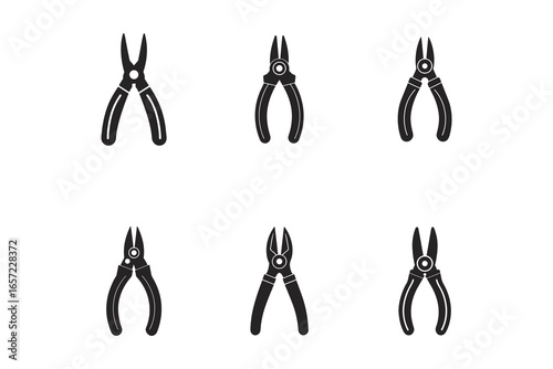 Collection of Plier Tool Silhouettes for Craftsmen and Technicians Six Black Pliers in a Row and Column on White Background