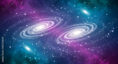 Two spiral galaxies in a vibrant cosmic nebula, showcasing swirling patterns and celestial bodies.