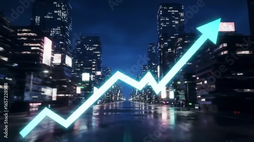 Urban cityscape at night with a glowing upward arrow representing growth or progress