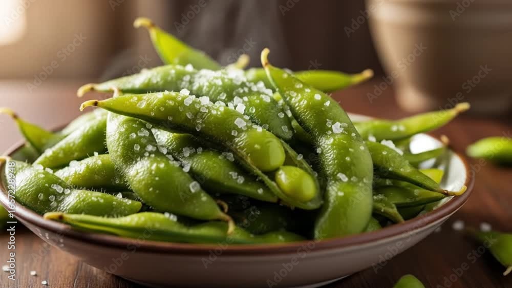 Edamame beans sprinkled with salt fill a small dish on a wooden table Edamame beans sprinkled with salt fill a small dish on a wooden table