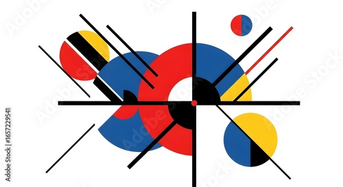 Abstract geometric composition featuring overlapping circles, lines, and color blocks, creating a dynamic visual.
