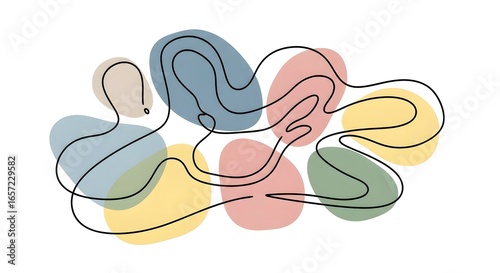 Abstract minimalist artwork featuring a continuous line drawing over colorful organic shapes.