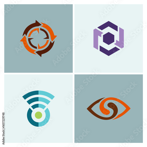 Abstract conceptual logos showcasing iteration, connectivity, vision, and cyclical patterns set against a minimalist geometric design with subtle color palettes and contemporary shapes