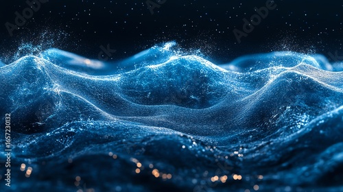 Abstract Blue Water Waves Under Dark Night Sky with Sparkling Particles