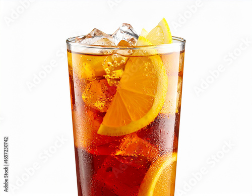 A glass of refreshing iced black tea with two lemon slices and ice cubes
