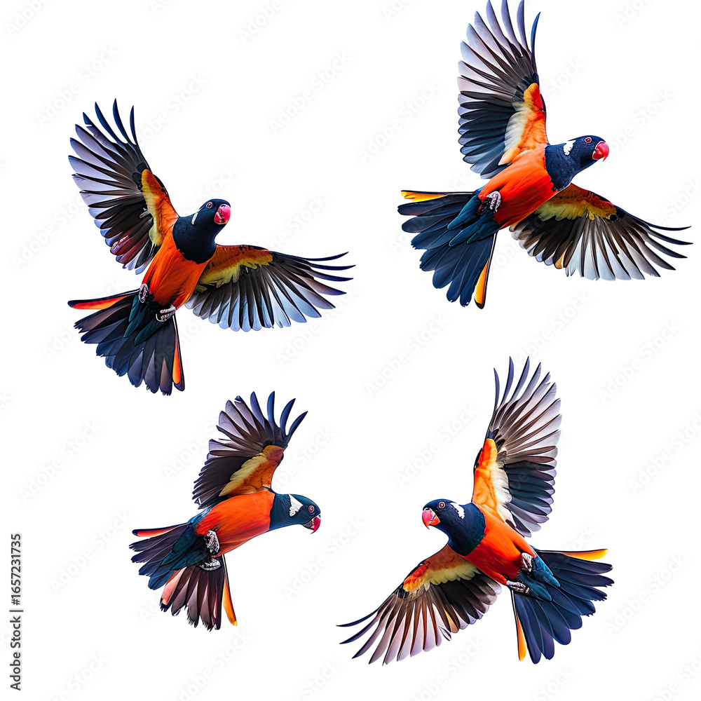Fototapeta premium and keyword list based on the image.. Tropical birds in flight, wings spread, vibrant colors against a dark background.