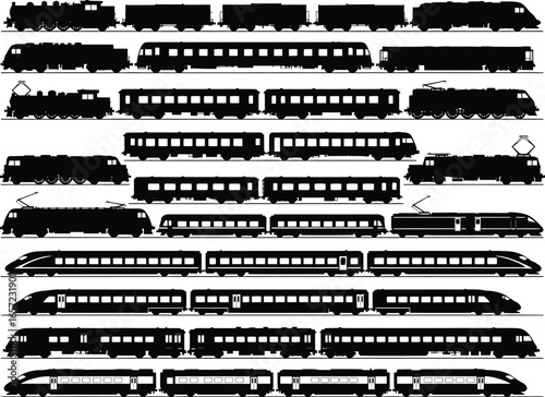 Collection of diverse train silhouettes showcasing various engine types and passenger cars in a clean vector art style