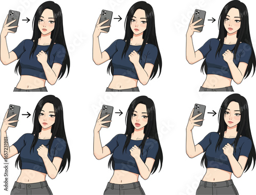 Young woman holding a smartphone and taking a selfie with different poses and expressions
